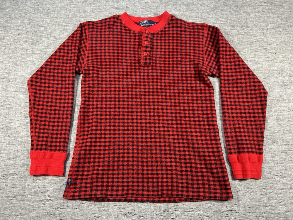 Vintage Polo Ralph Lauren Henley Shirt Mens Large Red Black Check Plaid